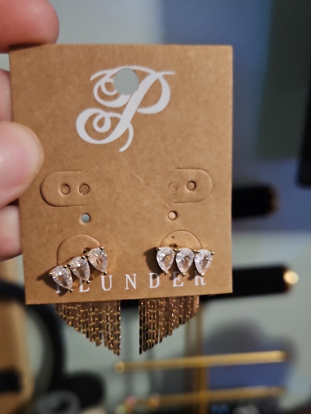 Sparkling Teardrop Crystal Stud Earrings with Gold Fringe